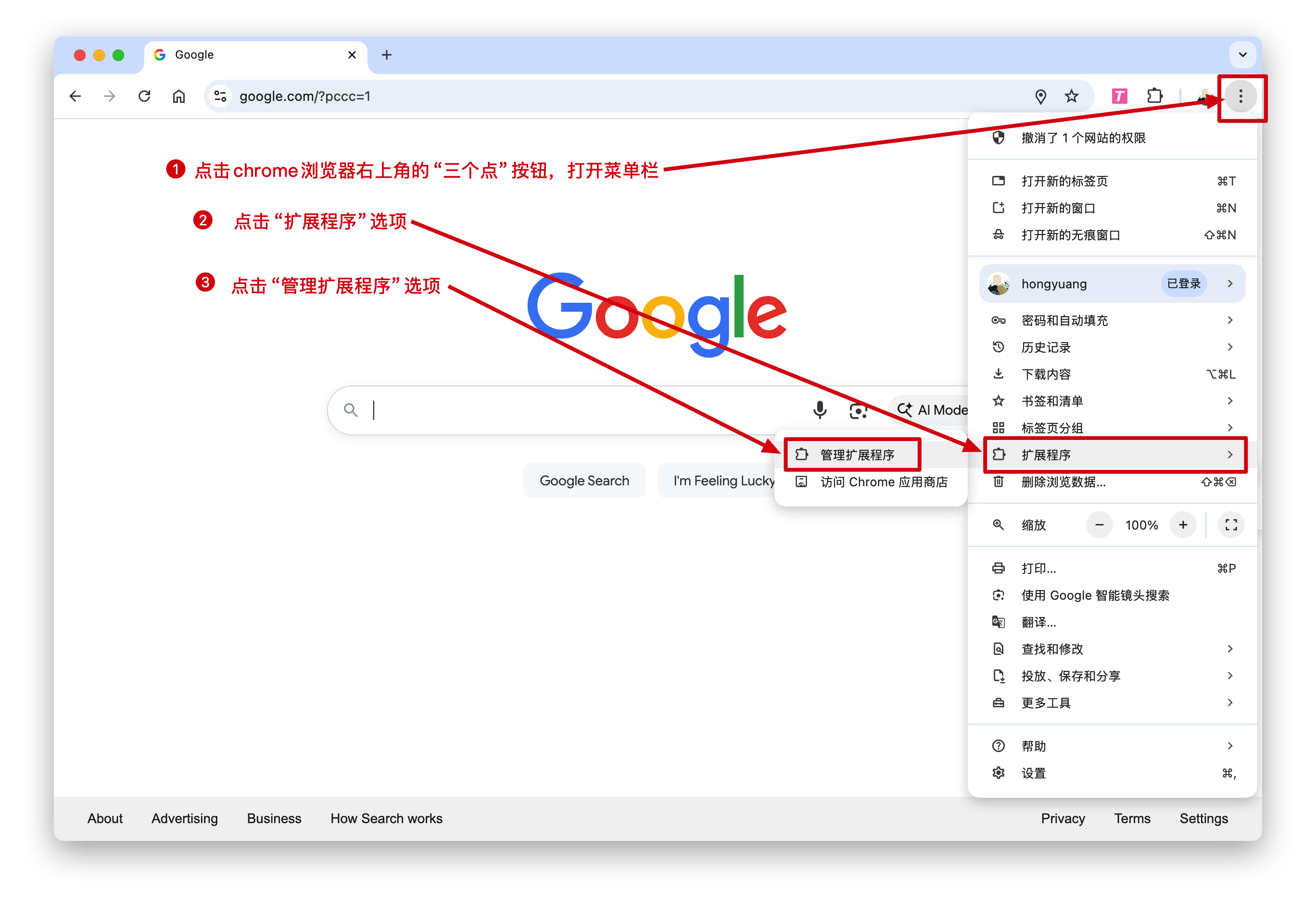 进入扩展程序管理页面示例