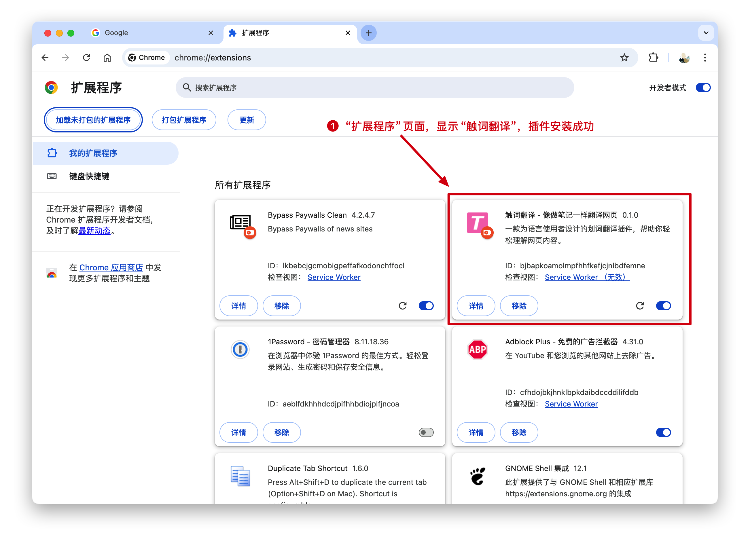 扩展程序列表中显示触词翻译的示例